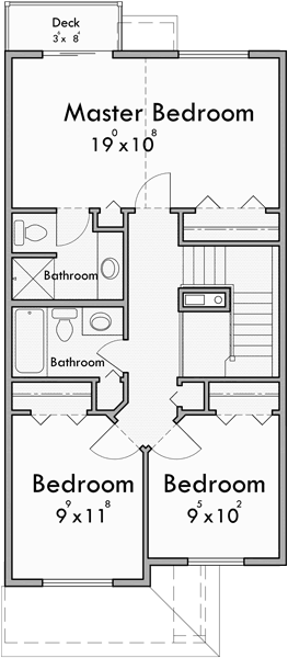 Upper Floor Plan for 10176 Narrow lot house plans with basement, 10176