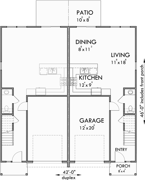 Main Floor Plan for D-602 Craftsman duplex house plans, townhouse plans, row house plans, D-602