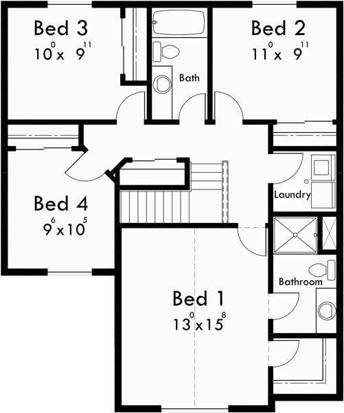 Upper Floor Plan for 10179 Affordable 2 story house plan has 4 bedrooms and 2.5 bathrooms and a two car garage