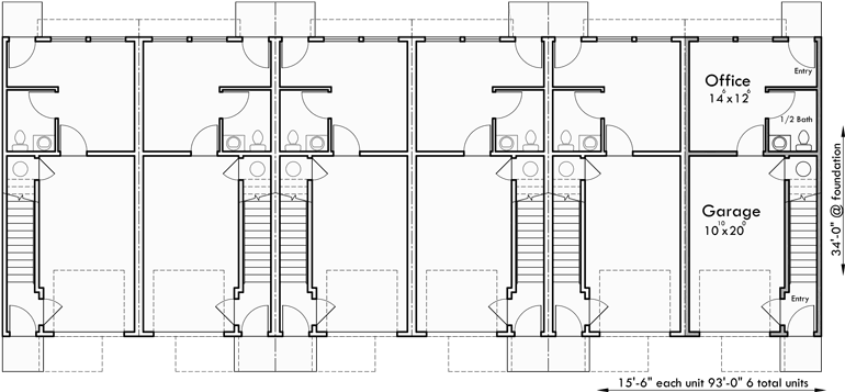 Lower Floor Plan for S-730 6 plex house plans, row house plans, townhouse plans, narrow lot plans, S-730
