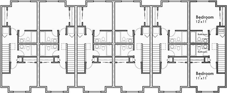 Upper Floor Plan for S-730 6 plex house plans, row house plans, townhouse plans, narrow lot plans, S-730
