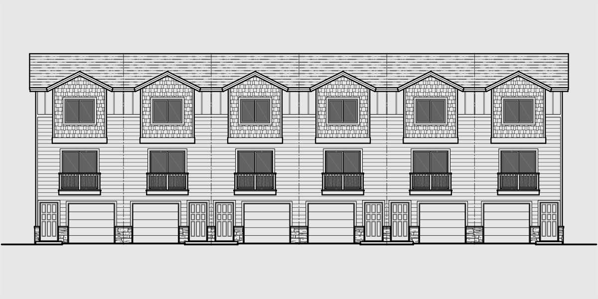 House side elevation view for S-730 6 plex house plans, row house plans, townhouse plans, narrow lot plans, S-730