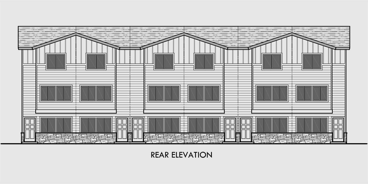 House rear elevation view for S-730 6 plex house plans, row house plans, townhouse plans, narrow lot plans, S-730