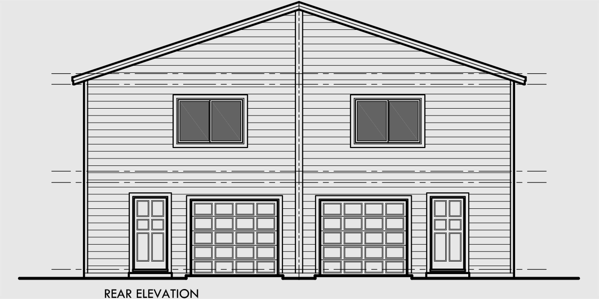 House side elevation view for D-608 Duplex house plan with rear garage, narrow lot townhouse plan, duplex house plans with open floor plan