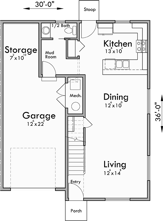 Main Floor Plan for D-610 Affordable Narrow Duplex House Plan With 3 Bedrooms
