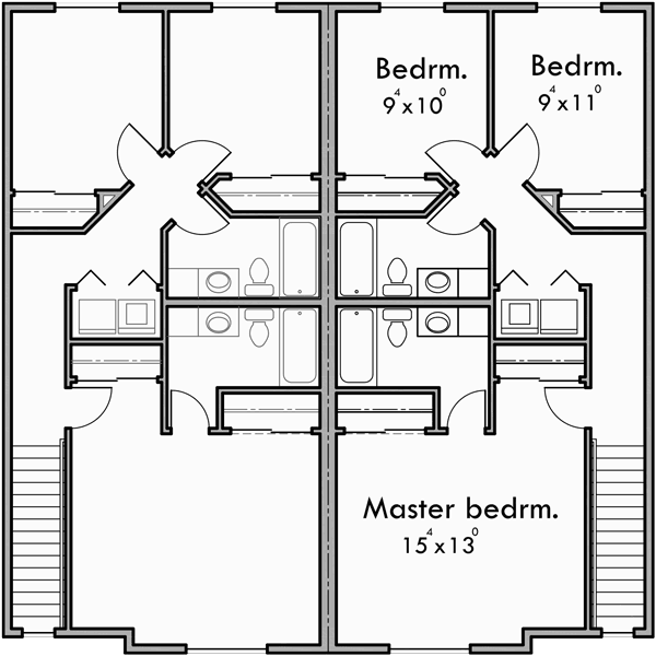 Upper Floor Plan for D-607 Duplex House Plans with Basement D-607