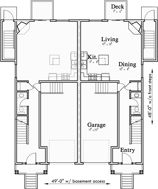 Main Floor Plan for D-604 Duplex House Plan with Basement D-604