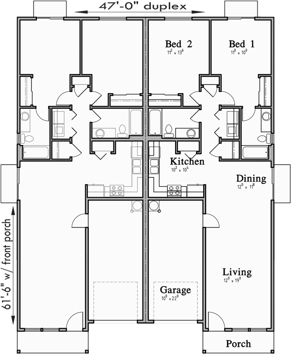 Main Floor Plan for D-611 Narrow One Story Duplex House Plans, D-611