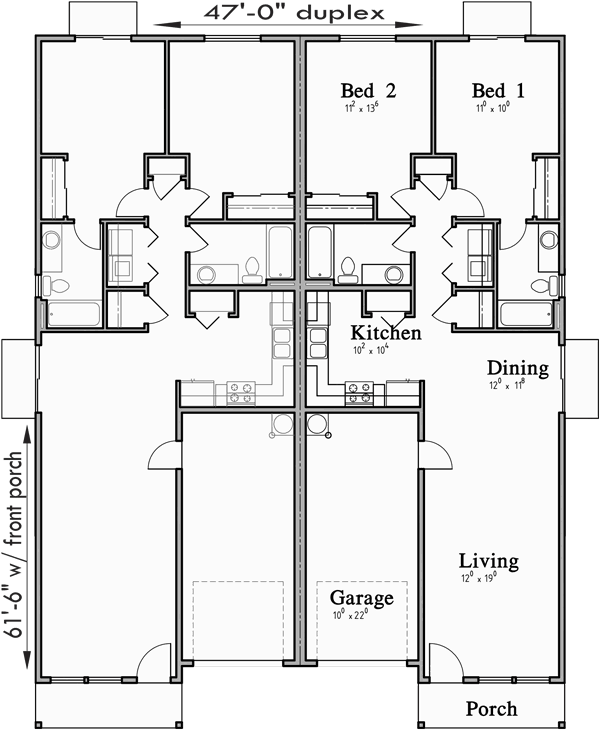 Narrow One Story Duplex House Plans D 611 Narrow One Story Duplex House Plans D 611