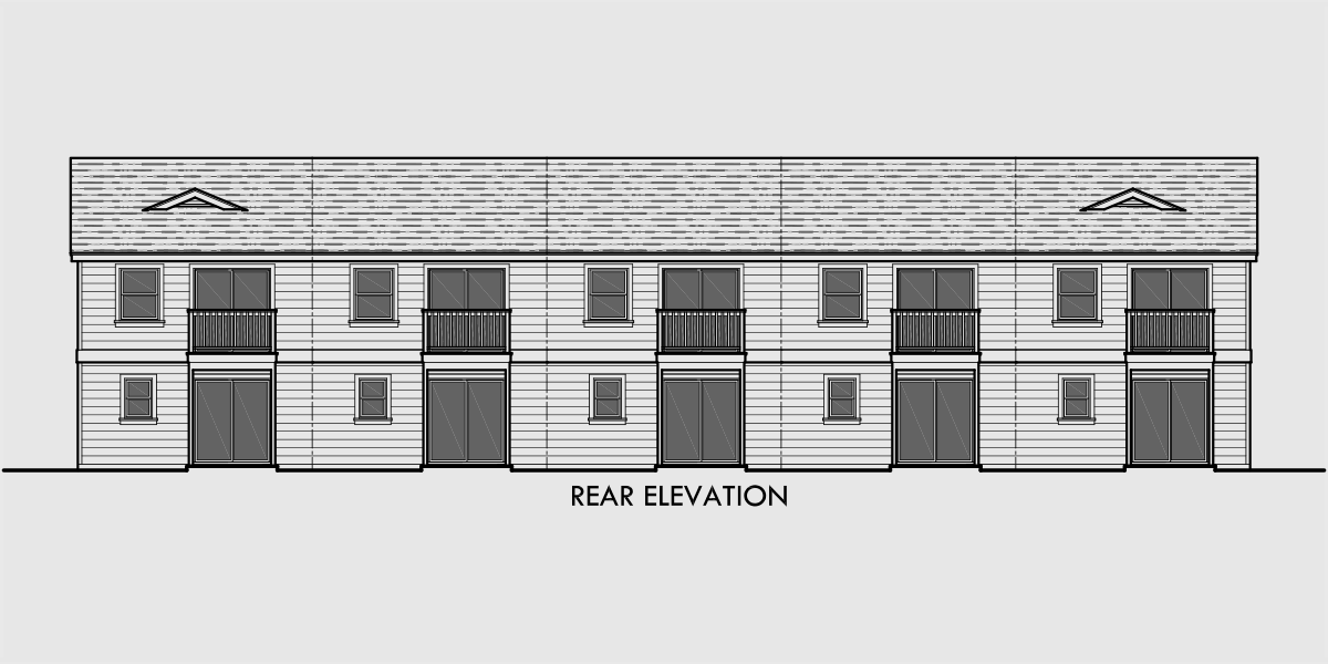 House side elevation view for FV-572 5 plex row house plans, reversed living, multi family vacation plex, FV-572