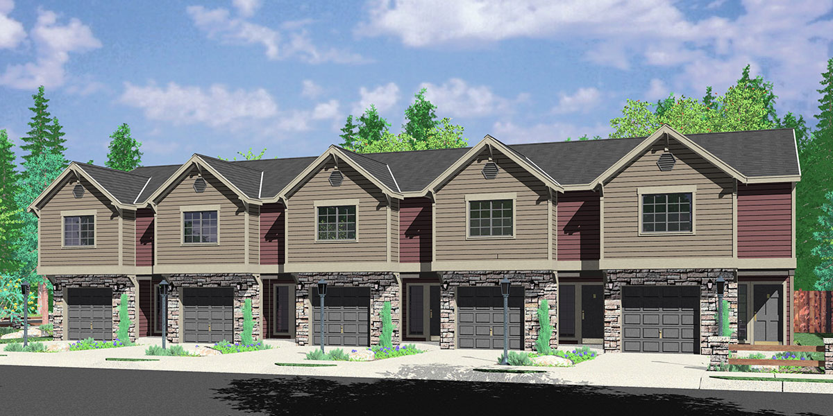 FV-572 5 plex row house plans, reversed living, multi family vacation plex, FV-572