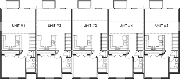 Upper Floor Plan 2 for 5 plex row house plans, reversed living, multi family vacation plex, FV-572