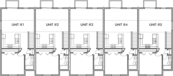 5 Plex Row House Plans, Reversed Living, Multi Family Vacation