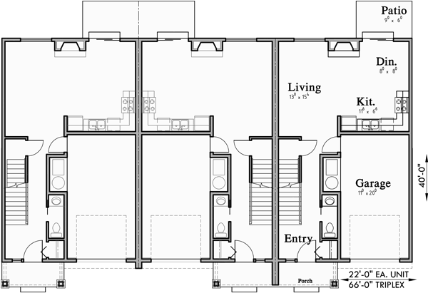 Main Floor Plan 2 for T-417 Triplex plans with basement, row house plans, Open floor plan, T-417