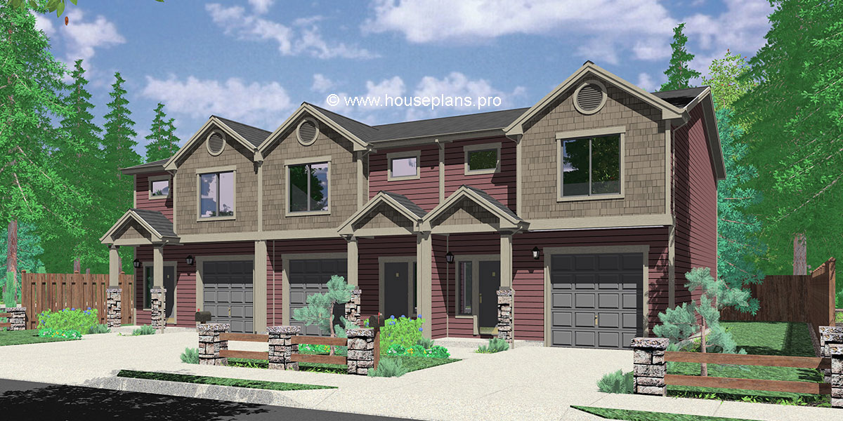 T-417 Triplex plans with basement, row house plans, Open floor plan, T-417