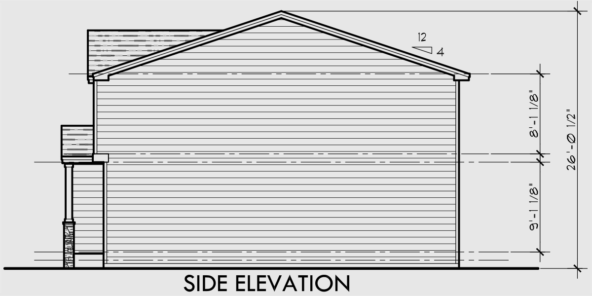House rear elevation view for T-417 Triplex plans with basement, row house plans, Open floor plan, T-417