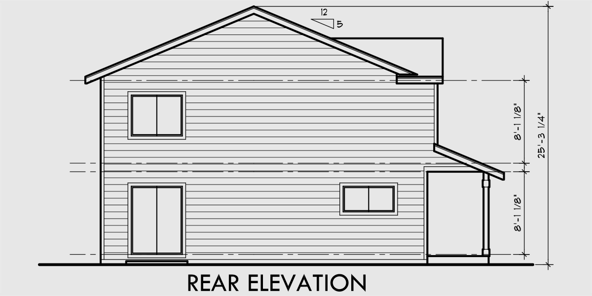 House side elevation view for T-416 Triplex house plans, 2 bedroom 1.5 bath house plans, T-416