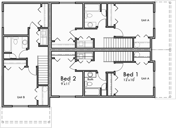 Upper Floor Plan for T-416 Triplex house plans, 2 bedroom 1.5 bath house plans, T-416