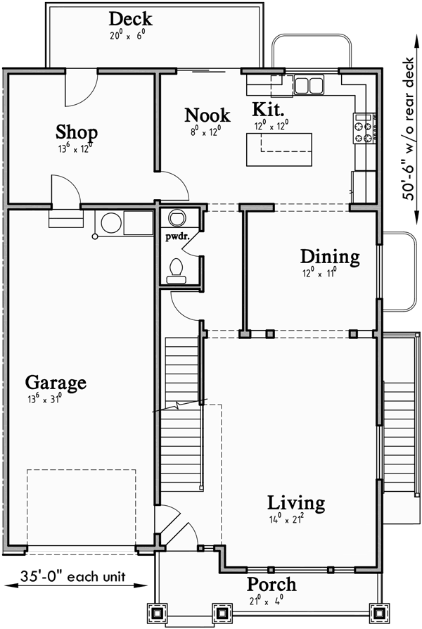 Main Floor Plan for D-609 Craftsman luxury, duplex house plans, with basement, and shop, D-609