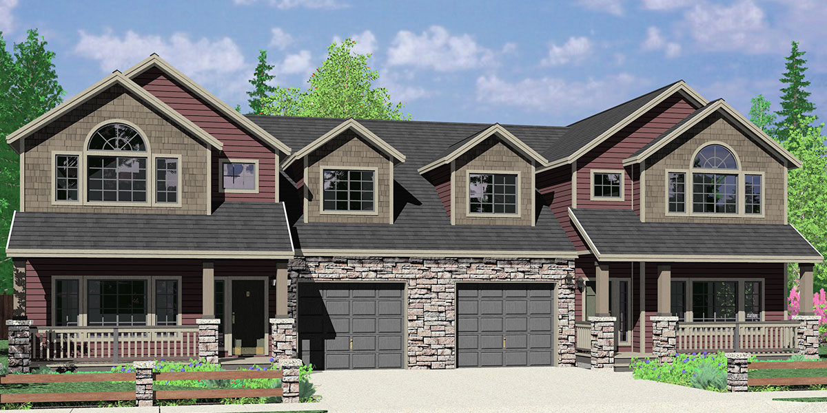 D-609 Craftsman luxury, duplex house plans, with basement, and shop, D-609