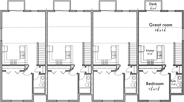 Upper Floor Plan 2 for Florida vernacular architectural style, row house plan with pastel colors, Bahama shutters F-576