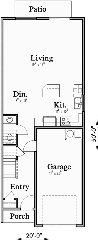 Main Floor Plan for FV-575 5 plex townhouse, row house plans FV-575