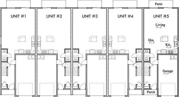 5 Plex Narrow Townhouse, 20 Ft Wide Row House Plans FV575