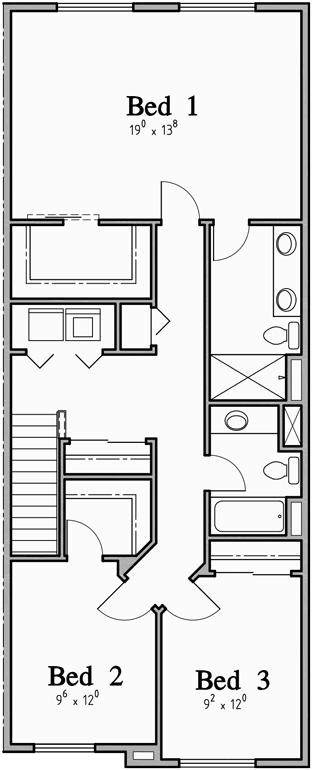 Upper Floor Plan for FV-575 5 plex townhouse, row house plans FV-575
