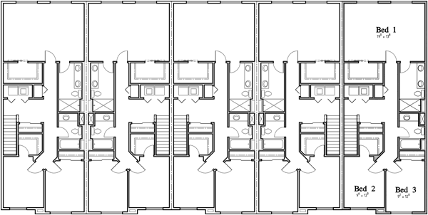 Upper Floor Plan 2 for 5 plex townhouse, row house plans FV-575