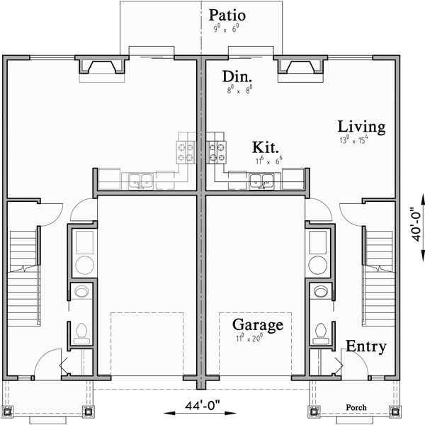 Main Floor Plan for D-614 Duplex house plans with basement D-614