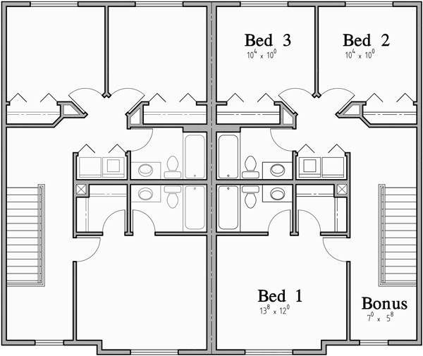 Upper Floor Plan for D-614 Duplex house plans with basement D-614