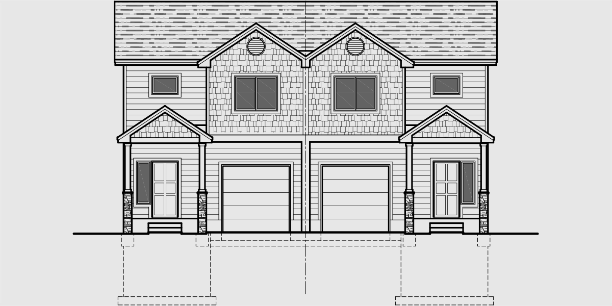 House front drawing elevation view for D-613 Open floor duplex house plans with basement D-613