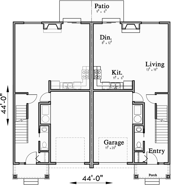 Main Floor Plan for D-613 Open floor duplex house plans with basement D-613