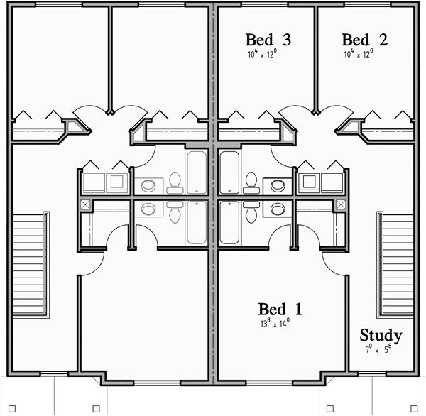 Upper Floor Plan for D-613 Open floor duplex house plans with basement D-613