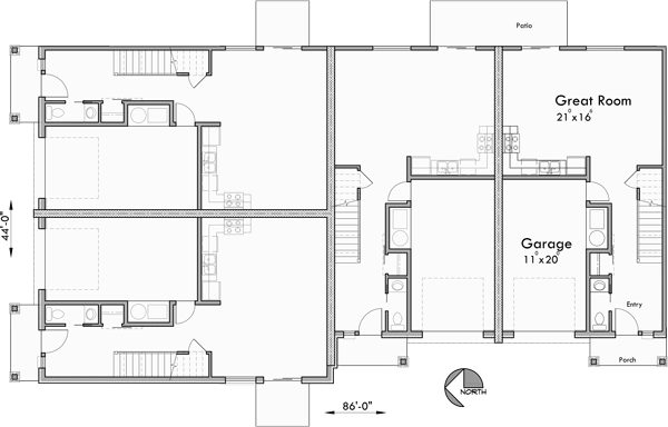 Main Floor Plan for F-577 Corner lot four plex house plan F-577