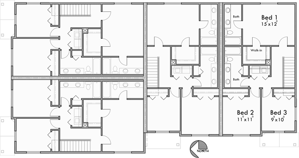 Upper Floor Plan for F-577 Corner lot four plex house plan F-577