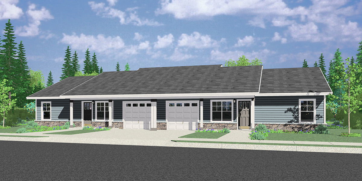 House front color elevation view for D-612 One Story Duplex Plans, D-612