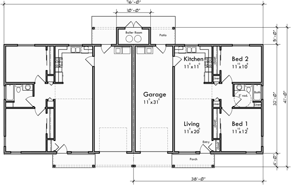 Main Floor Plan for D-612 One Story Duplex Plans, D-612