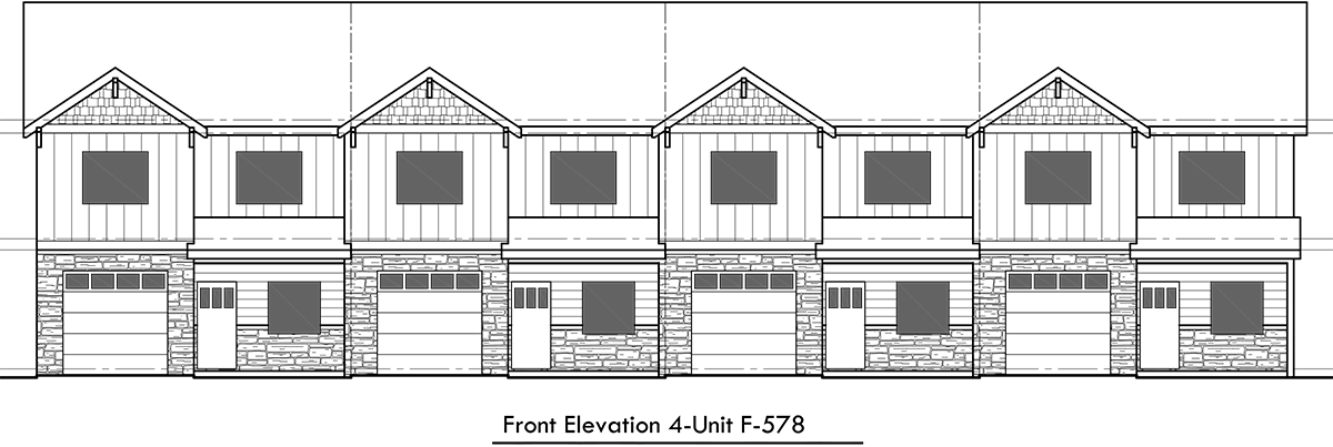 House side elevation view for F-578 Main floor Bedroom Option, four plex, townhouse, four bedroom, plan F-578