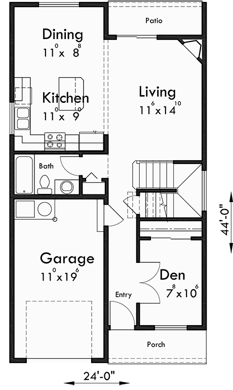 Main Floor Plan for F-578 Main floor Bedroom Option, four plex, townhouse, four bedroom, plan F-578