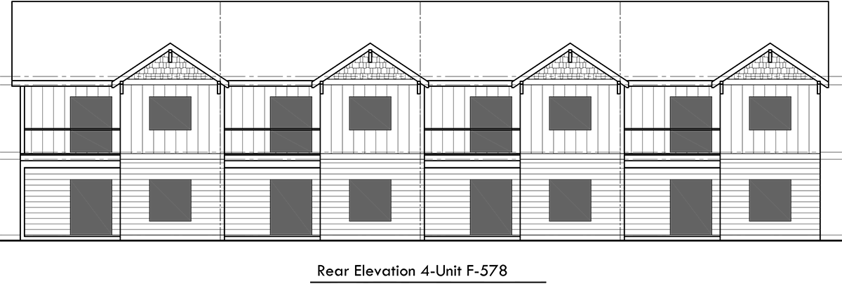 House rear elevation view for F-578 Main floor Bedroom Option, four plex, townhouse, four bedroom, plan F-578