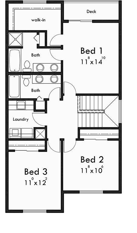 Upper Floor Plan for F-578 Main floor Bedroom Option, four plex, townhouse, four bedroom, plan F-578