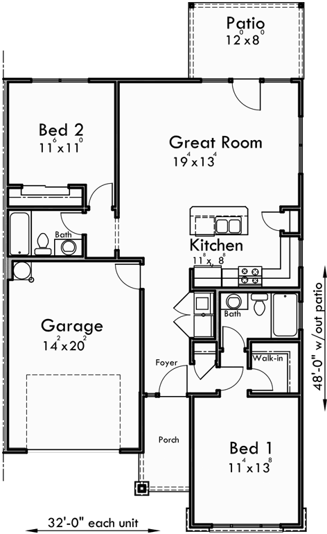 Main Floor Plan for D-623 Modern Prairie Style, Ranch Duplex House Plan