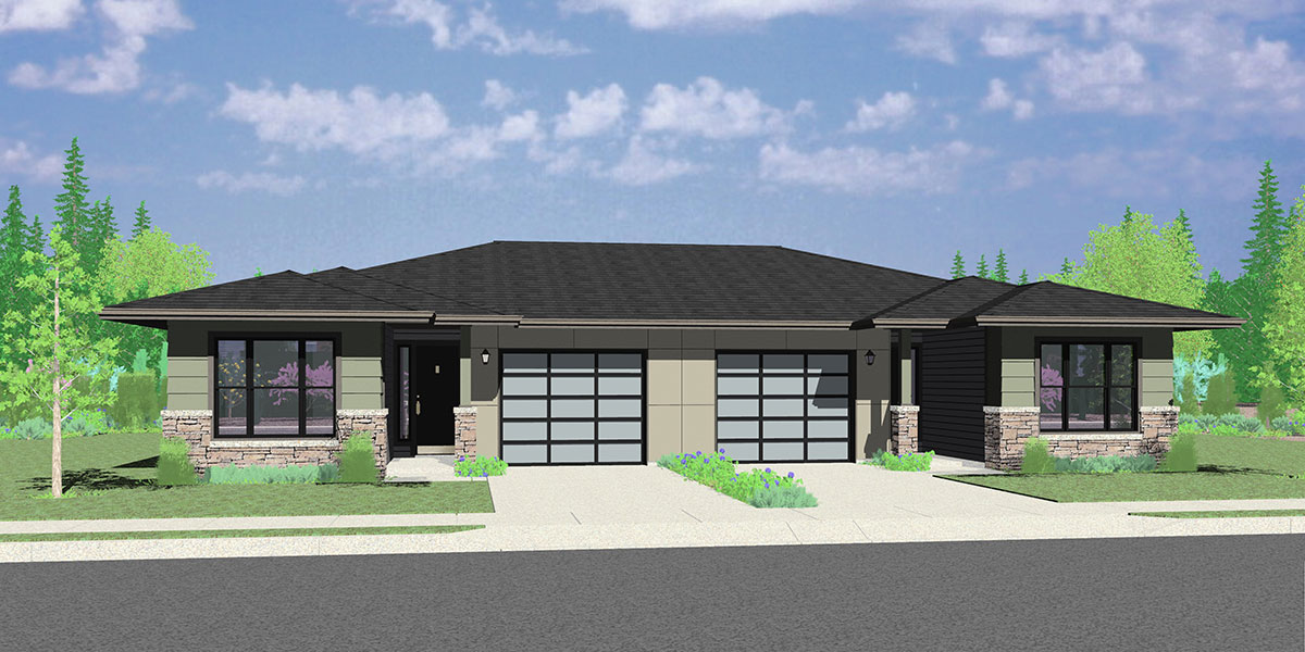 D-623 Modern Prairie Style, Ranch Duplex House Plan