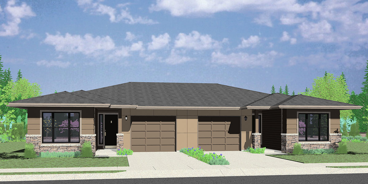 House rear elevation view for D-623 Modern Prairie Style, Ranch Duplex House Plan