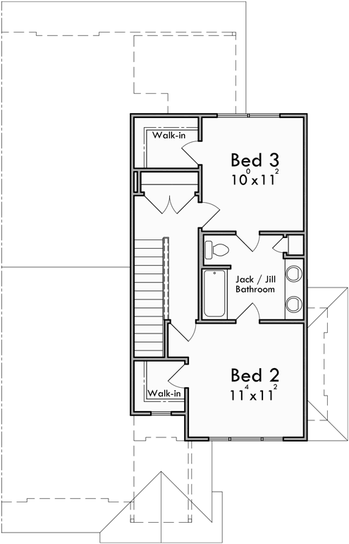 Upper Floor Plan for D-624 Modern prairie style, duplex house plan, master bedroom on the main floor