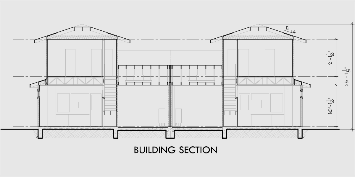 House rear elevation view for D-624 Modern prairie style, duplex house plan, master bedroom on the main floor