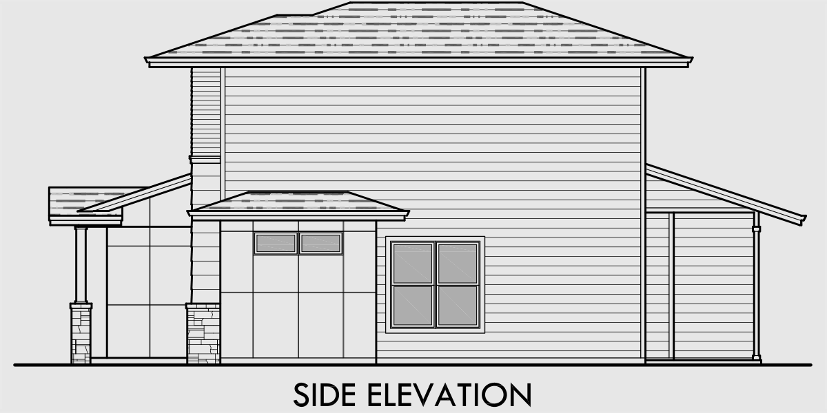 House rear elevation view for D-624 Modern prairie style, duplex house plan, master bedroom on the main floor