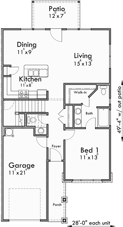 Main Floor Plan for D-625 Modern prairie duplex house plan, 4 bedroom, master on the main floor