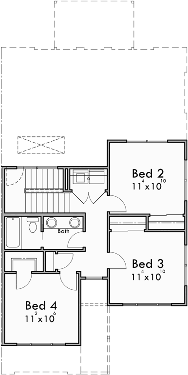 Upper Floor Plan for D-625 Modern prairie duplex house plan, 4 bedroom, master on the main floor